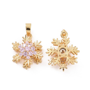 Brass Micro Pave Cubic Zirconia Pendants, Real 18K Gold Plated, Snowflake Charm, Pink, 19x14x8mm, Hole: 5x2.5mm
