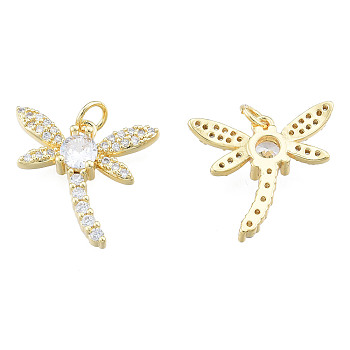 Brass Micro Pave Clear Cubic Zirconia Pendants, with Brass Jump Rings, Nickel Free, Dragonfly, Real 18K Gold Plated, 18.5x20x4mm, Jump Ring: 5mm in diameter, 1mm thick, 3mm inner diameter