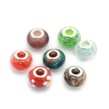 Mixed Handmade Lampwork Gold Sand European Large Hole Rondelle Beads, with Silver Color Plated Brass Double Cores, Mixed Color, 14x9mm, Hole: 5mm