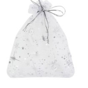 Silver Stamping Star Organza Printed Gift Drawstring Bags, Jewelry Pouches, Wedding Party Christmas Favor Gift Bags, Rectangle, White, 12x9cm