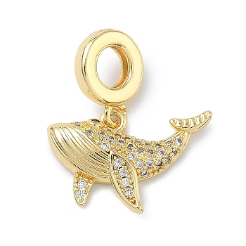 Brass Micro Pave Clear Cubic Zirconia Sea Animals European Dangle Charms, Large Hole Pendants, Real 18K Gold Plated, Cadmium Free & Lead Free, Long-Lasting Plated, Rack Plating, Whale, 23mm, Hole: 5mm, Pendant: 14x20x3.5mm