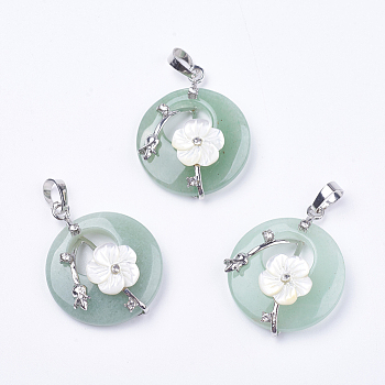 Natural Green Aventurine Pendants, with Shell, Rhinestone and Platinum Tone Brass Findings, Flat Round with Flower, 35.5~36x28x8mm, Hole: 5x8mm