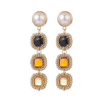 Glass Rectangle Beaded Long Dangle Stud Earrings with Imitation Pearl, Gold Plated Brass Bohemia Jewelry for Women, Goldenrod, 60mm, Pin: 0.8mm