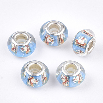 Resin European Beads, Large Hole Beads, with Brass Cores, Christmas Style, Rondelle, Silver Color Plated, Light Sky Blue, 13.5~14x9~9.5mm, Hole: 5mm