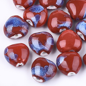 Handmade Porcelain Beads, Fancy Antique Glazed Porcelain, Heart, Dark Red, 14~15x16x9~10mm, Hole: 2mm