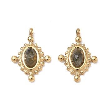 Natural Labradorite Faceted Pendants, 304 Stainless Steel Oval Bezeled Charms, Ion Plating(IP), Real 14K Gold Plated, 13x9x3mm, Hole: 1.2mm