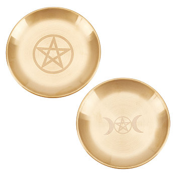2Pcs 2 Style 201 Stainless Steel Candle Holder, Tarot Theme Tealight Tray, Home Tabletop Centerpiece Decoration, Flat Round with Triple Moon & Pentagram Pattern, Golden, 14.1x1.1cm, Inner Diameter: 13.5cm, 1pc/style