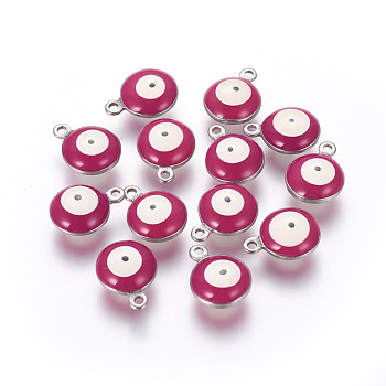 304 Stainless Steel Enamel Charms, Flat Round with Evil Eye, Stainless Steel Color, Medium Violet Red, 13x10x5mm, Hole: 1.4mm