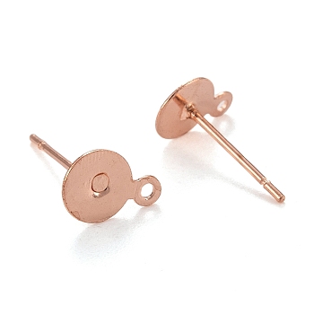 Brass Stud Earring Findings, with Iron Pin and Loop, Rose Gold, 8x6x0.1mm, Hole: 1mm, Pin: 0.5mm