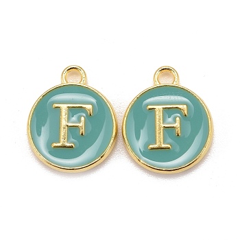 Golden Plated Alloy Enamel Charms, Cadmium Free & Lead Free, Enamelled Sequins, Flat Round with Letter, Turquoise, Letter.F, 14x12x2mm, Hole: 1.5mm