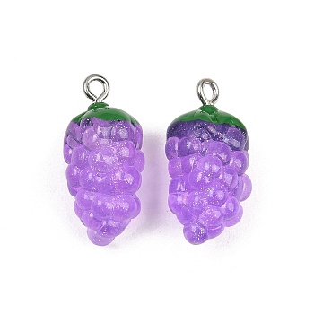 10Pcs Transparent Resin Fruit Pendants, Grape Charms with Platinum Tone Iron Loops, Purple, 24x12x11mm, Hole: 2mm