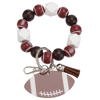 1Pc Wood & Acrylic Keychains, with Iron Rings and Alloy Swivel Lobster Claw Clasps, Rugby, Platinum, 155mm