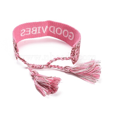 Bracelet tressé word good vibes en polycoton (coton polyester) avec breloque pompon(BJEW-F429-02)-3