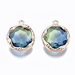 Glass Charms, with Brass Findings, Flat Round, Light Gold, Steel Blue, 14x12x4.5mm, Hole: 1mm(GLAA-S193-032A)