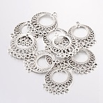 Tibetan Style Links, Lead Free and Cadmium Free, Flat Round, Antique Silver, about 37.5mm long, 29mm wide, 1mm thick, hole: 2.5mm(EA165Y)