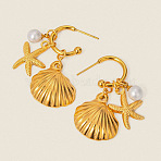 304 Stainless Steel Shell Shape with Starfish Dangle Stud Earrings, with Imitation Pearl, Real 18K Gold Plated, 6~17.7x14.1~19.1mm(QH4549)
