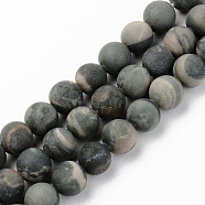 Natural Green Jasper Beads Strands, Frosted, Round, 10mm, Hole: 1mm, about 37~38pcs/strand, 15.16 inch(38.5cm)(G-S369-008D-A)