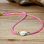 Sweet and Cool Summer Freshwater Pearl Necklaces Pink Glass Beaded Necklaces, Pink, 14.96 inch(38cm)(VX3518)