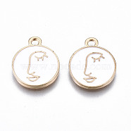 Light Gold Plated Alloy Enamel Pendants, Cadmium Free & Lead Free, Flat Round with Face, White, 16.5x13.5x2mm, Hole: 1.8mm(X-ENAM-T009-70A-RS)