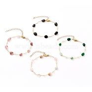Nuggets Natural Gemstone Beaded Bracelets, with Glass Beads, Brass Cable Chains and 304 Stainless Steel Lobster Claw Clasps, Golden, 7-1/2 inch(19cm)(BJEW-JB05705)