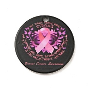 Breast Cancer Pink Awareness Ribbon Style 201 Stainless Steel Pendants, Flat Round, Stainless Steel Color, Hot Pink, 25x1mm, Hole: 1.8mm(STAS-J041-03C)