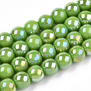 Electroplate Opaque Glass Beads Strands, AB Color Plated, Round, Lime Green, 9.5~10mm, Hole: 1.5mm, about 40~42pcs/strand, 14.76~15.12 inch(37.5~38.4cm)(GLAA-T032-P10mm-AB06)