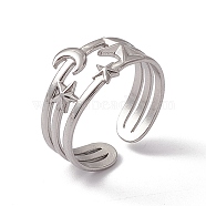 304 Stainless Steel Star & Moon Open Cuff Ring for Women, Stainless Steel Color, US Size 7 3/4(17.9mm)(RJEW-C045-13P)