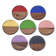 Transparent Resin & Walnut Wood Pendants, Flat Round, Mixed Color, 28.5x3.5~4mm, Hole: 1.5mm(RESI-S358-02B-H-M)