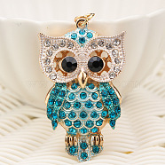 Owl Alloy Rhinestone Keychain, Cute Animal Charms Purse Handbags Decorations, Blue Zircon, 125x40mm(ANIM-PW0003-051C)
