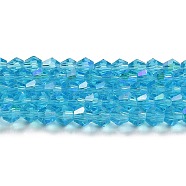 Transparent Electroplate Glass Beads Strands, AB Color Plated, Faceted, Bicone, Deep Sky Blue, 4x4mm, Hole: 0.8mm, about 87~98pcs/strand, 12.76~14.61 inch(32.4~37.1cm)(GLAA-F029-4mm-D19)