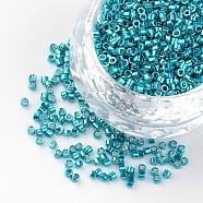Plated Glass Bugle Beads, Dark Turquoise, 1~2x1.5~2mm, Hole: 0.5mm, about 100g/bag(SEED-R043-07)