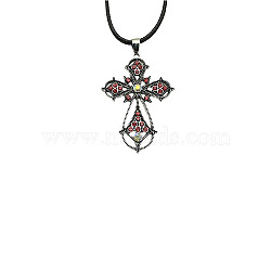 Cross Zinc Alloy Pendant Necklace, with Rhinestone, Siam, 19.69 inch(50cm)(VJ0126-08)
