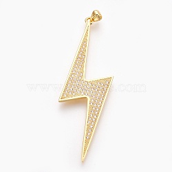 Brass Micro Pave Cubic Zirconia Big Pendants, Lead Free & Cadmium Free & Nickel Free, Long-Lasting Plated, Lightning Bolt, Clear, Real 18K Gold Plated, 68x18.5x2mm, Hole: 3x3.5mm(X-ZIRC-E153-11G-NR)