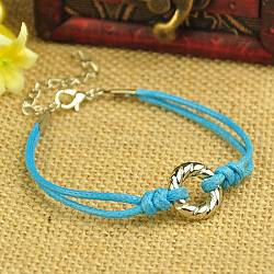 Fashion CCB Plastic Bracelets, with Korean Waxed Cotton Cord and Alloy Lobster Claw Clasps, Deep Sky Blue, 190mm(BJEW-JB00851-10)