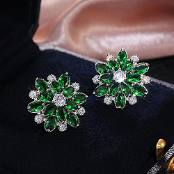 Brass Micro Pave Cubic Zirconia Stud Earrings, Flower, Sea Green, 20mm(LM0648-4)