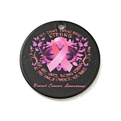 Breast Cancer Pink Awareness Ribbon Style 201 Stainless Steel Pendants, Flat Round, Stainless Steel Color, Hot Pink, 25x1mm, Hole: 1.8mm(STAS-J041-03C)