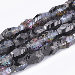 Electroplate Glass Beads Strands, Half Plated, Frosted, Faceted, Barrel, Black, 7.5x7.5x11mm, Hole: 1.2mm, about 60pcs/strand, 25.9 inch(EGLA-T018-02-A01)