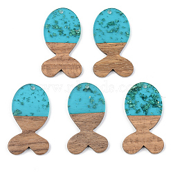 Transparent Resin & Walnut Wood Pendants, with Gold Foil, Fish, Dark Turquoise, 38x22x3mm, Hole: 2mm(RESI-S389-053A-B03)