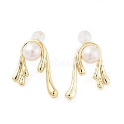 Natural Pearl Twist Stud Earrings, Brass Earrings with 925 Sterling Silver Pins, Real 14K Gold Plated, 23.5x18.5mm(EJEW-P256-72G)