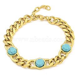 304 Stainless Steel & Synthetic Turquoise Polygon Link Bracelets for Women, Golden, 7-1/2 inch(19cm)(BJEW-G717-16G-03)