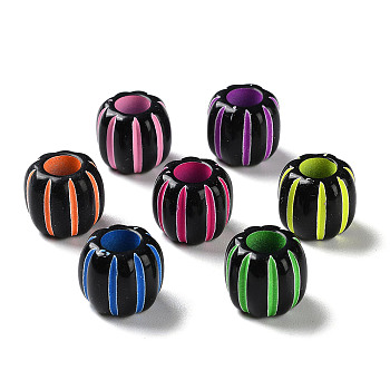 Spray Printed Opaque Acrylic European Beads, Large Hole Beads, Barrel with Stripe, Mixed Color, 12x11mm, Hole: 6mm, about 500pcs/500g