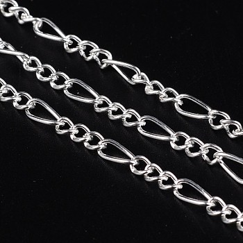 Iron Handmade Chains Figaro Chains Mother-Son Chains, Unwelded, Silver Color Plated, with Spool, Mother Link: 3.5x7mm, 1mm thick, Son Link: 3x4mm, 0.83mm thick, about 328.08 Feet(100m)/roll