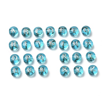 26Pcs Transparency Glass Beads, Flat Round with Alphabet A~Z, Deep Sky Blue, 8x7.5x6.5mm, Hole: 1.5mm