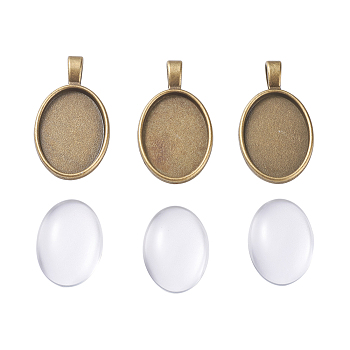 DIY Pendant Making, with Alloy Pendant Cabochon Settings and Transparent Clear Oval Glass Cabochons, Antique Bronze, 37x21x3mm, Hole: 4mm