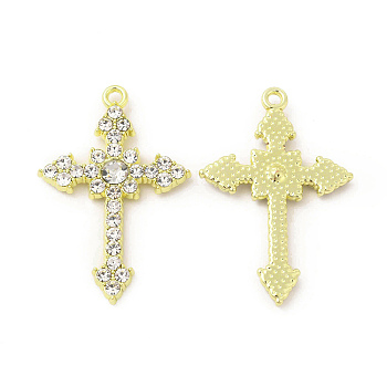 Rack Plating Alloy Rhinestone Pendants, with Clear Glass, Cross Charms, Cadmium Free & Nickel Free & Lead Free, Light Gold, 34.5x23x4mm, Hole: 1.6mm