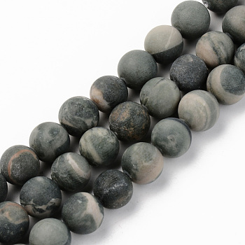 Natural Green Jasper Beads Strands, Frosted, Round, 10mm, Hole: 1mm, about 37~38pcs/strand, 15.16 inch(38.5cm)