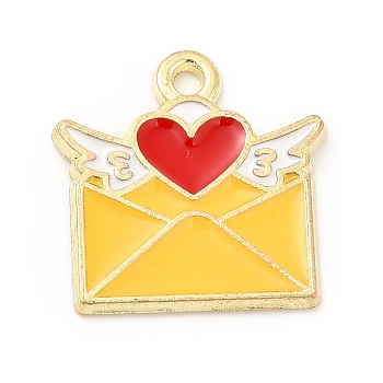 Alloy Enamel Pendants, Light Gold, Envelope with Heart & Wing Charm, Gold, 15x15x1mm, Hole: 1.4mm