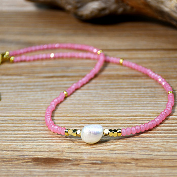 Sweet and Cool Summer Freshwater Pearl Necklaces Pink Glass Beaded Necklaces, Pink, 14.96 inch(38cm)