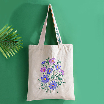 DIY Canvas Bag 3D Embroidery Kits, Including Printed Cotton Fabric, Embroidery Thread & Needles, Flower Pattern, 400x360mm