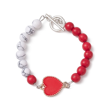 Alloy Enamel Heart Link Bracelet, with Synthetic Turquoise Round Beaded, Red, 7-1/2 inch(19.2cm)